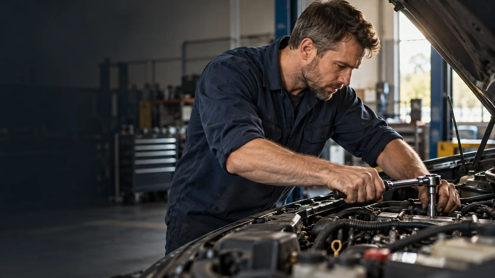 Mechanic working closely on a vehicle engine