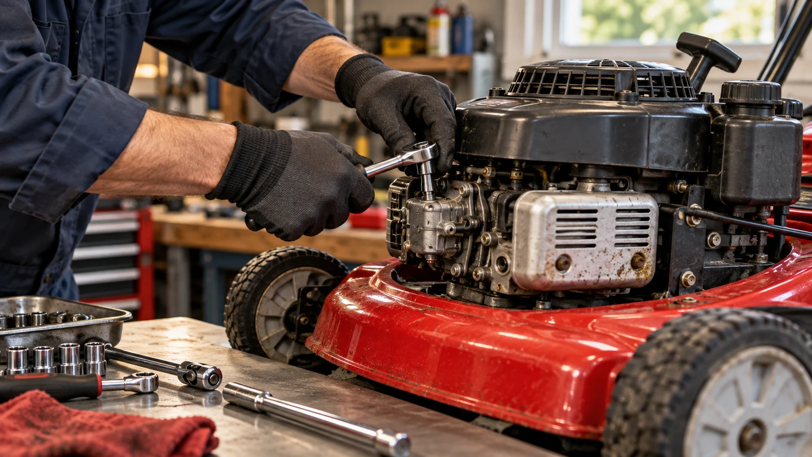 Lawn mower engine being serviced at a workbench